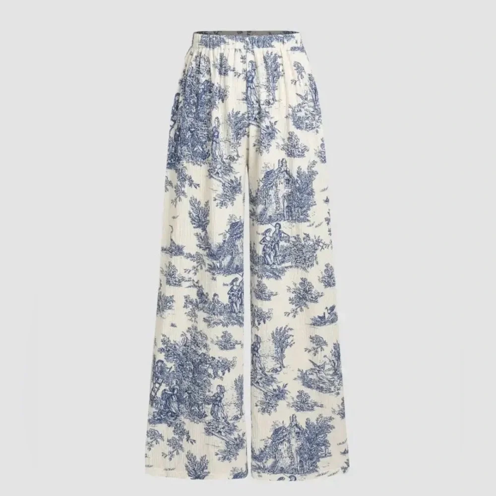 Cider Blue Toile Print Wide Leg Pants Cottagecore Size XL - Picture 1 of 9